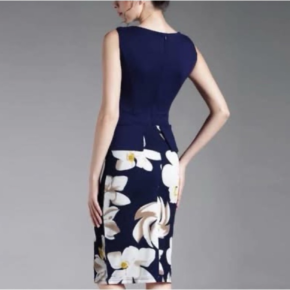 🩷 Oxiuli Fashions Korean Dress Navy Fitted Floral Peplum Dress Sz Small - Picture 2 of 11